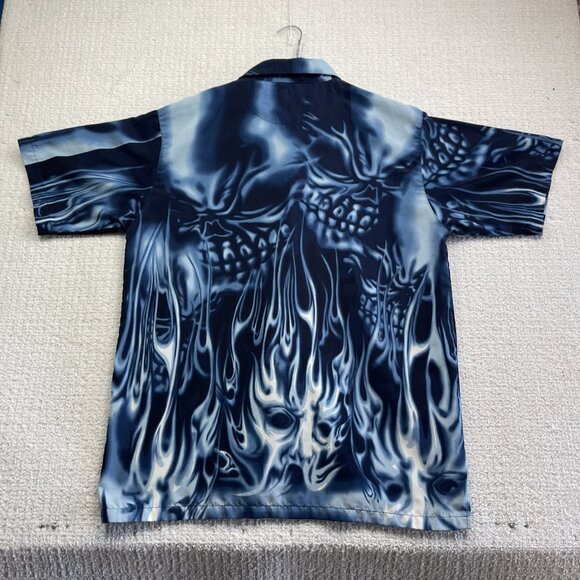 Y2K Urban Rags Skull Blue Flame AOP Shirt Black Men Sz 2XL Goth Cyber Punk Emo - Picture 15 of 16